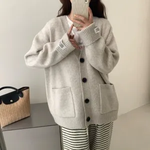 Solid V-neck Knitted Cardigan for a Relaxed Look