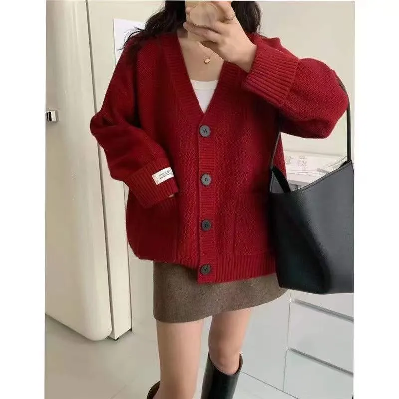 Solid V-neck Knitted Cardigan for a Relaxed Look