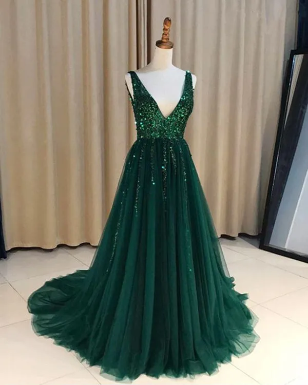 Sparkly Dark Green Prom Dresses Bling Bling Sequins 2018 Tulle Pageant Gowns Long
