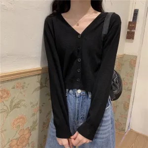 Spring and Autumn Style V-neck Cardigan Jacket Long Sleeve Thin Slim Sweater Short Sleeve Sweater Women Trendy
