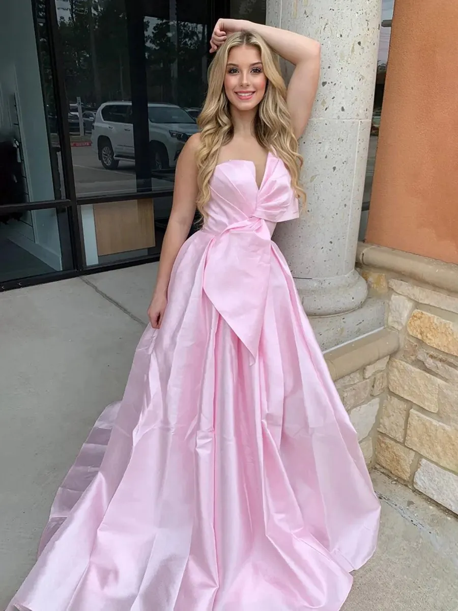 Strapless Satin A-line Long Formal Dresses with Bow
