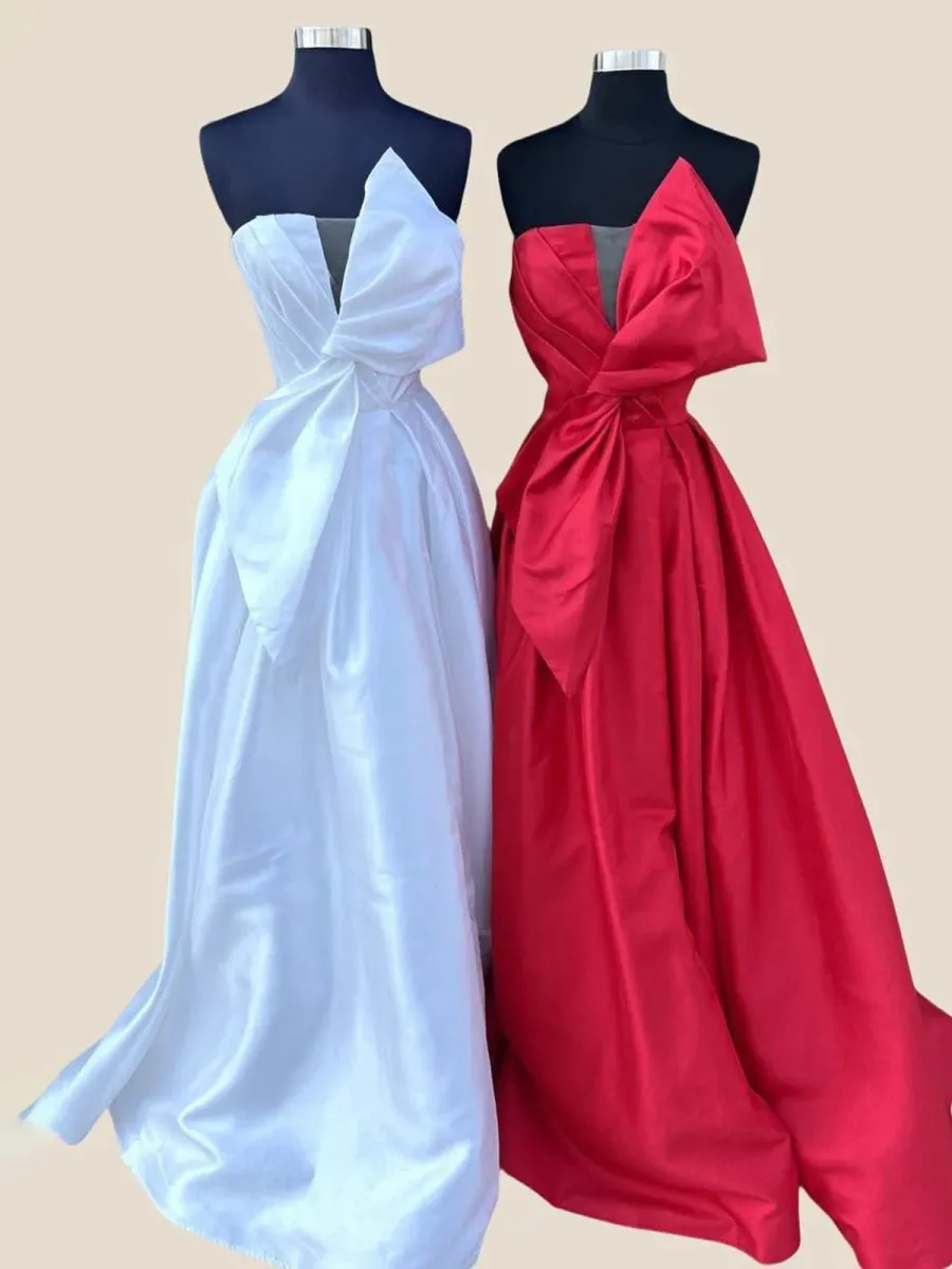 Strapless Satin A-line Long Formal Dresses with Bow