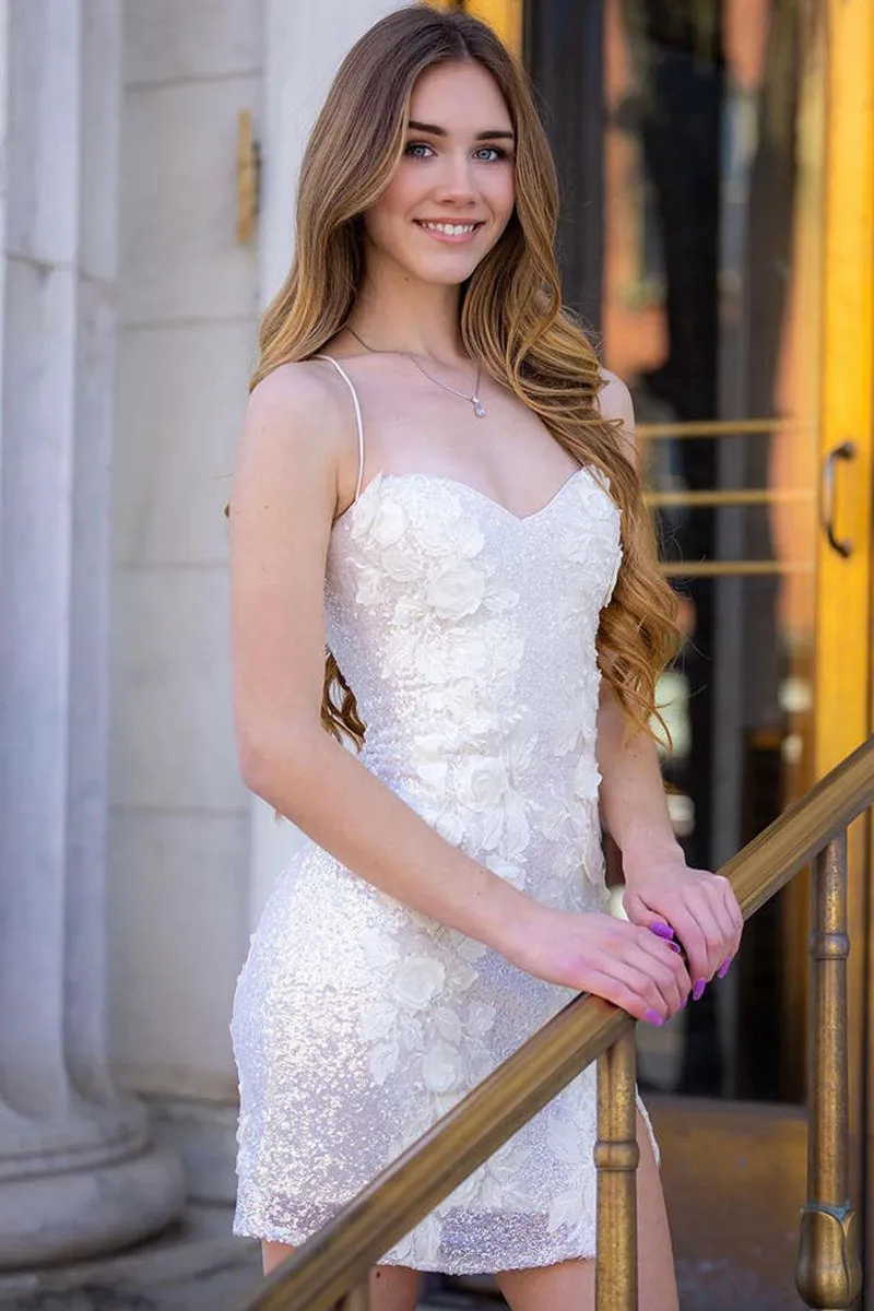 Straps Sequined Tight Homecoming Dresses with Flowers