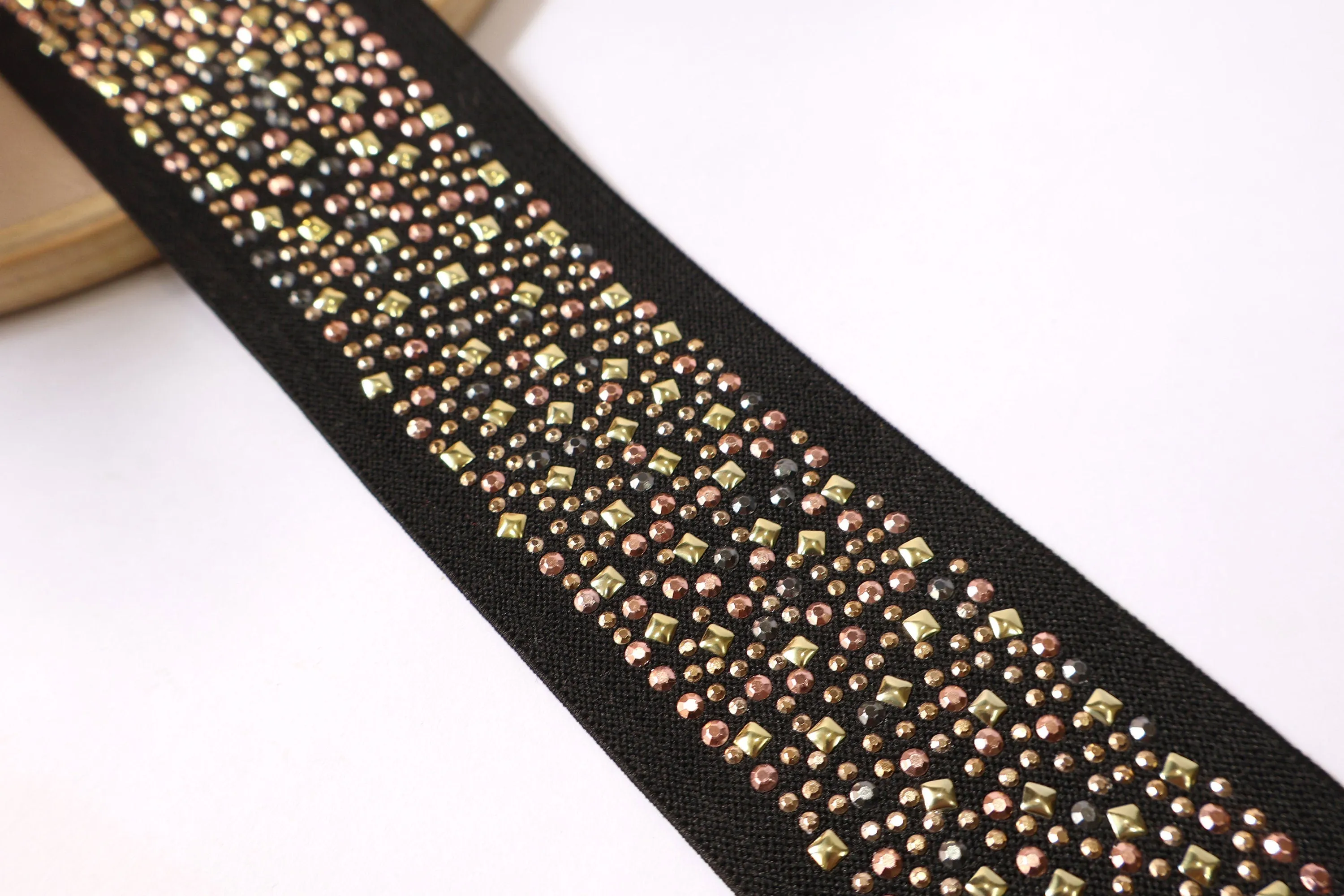 Stretchable Metallic Studs Embellished Lace 5 cm Wide - 1 Yard