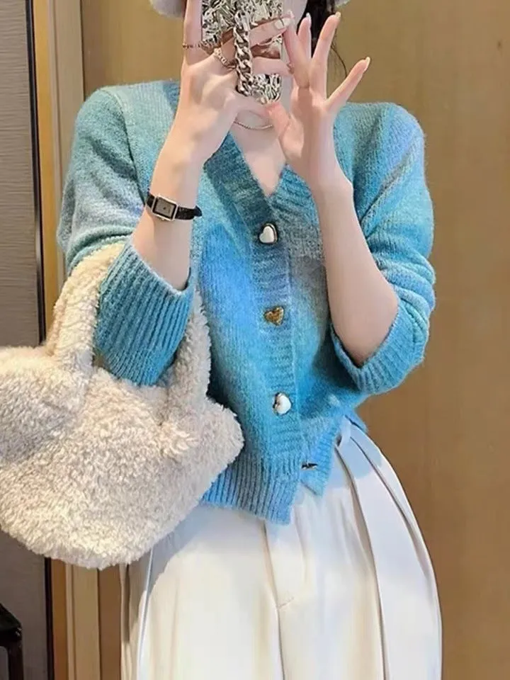 Stylish V-neck Cardigan in Gradient Jersey with Loose-fit