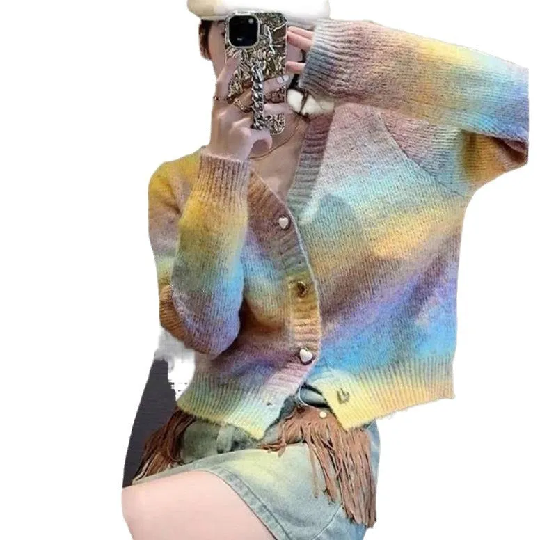 Stylish V-neck Cardigan in Gradient Jersey with Loose-fit