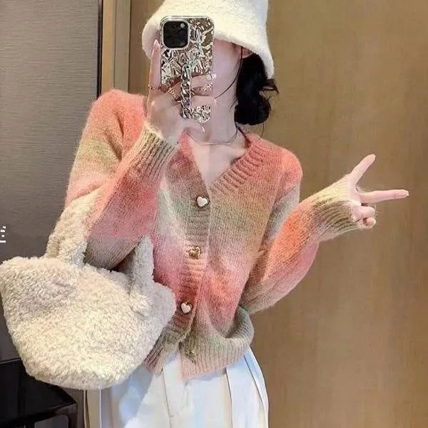 Stylish V-neck Cardigan in Gradient Jersey with Loose-fit