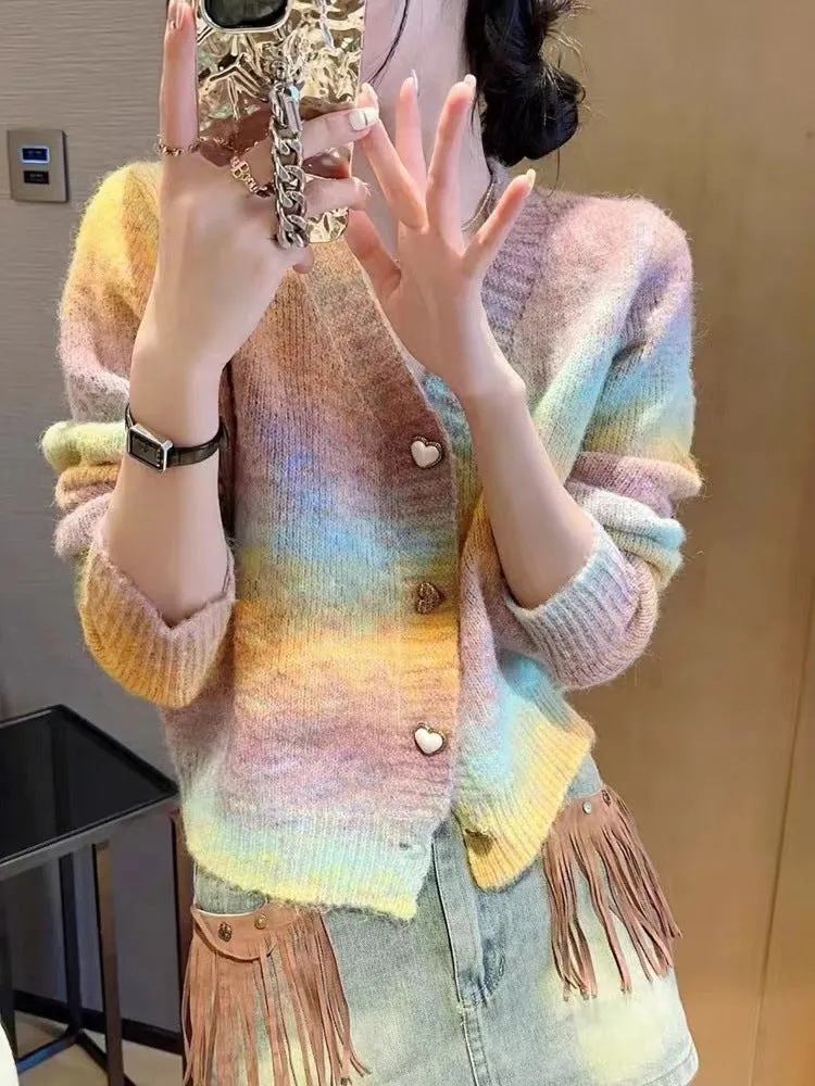 Stylish V-neck Cardigan in Gradient Jersey with Loose-fit