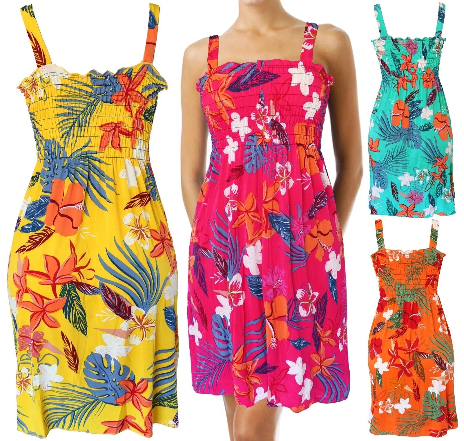 Summer Sundress for Women Hawaiian Beach Cover up Sleeveless Smocked Dress