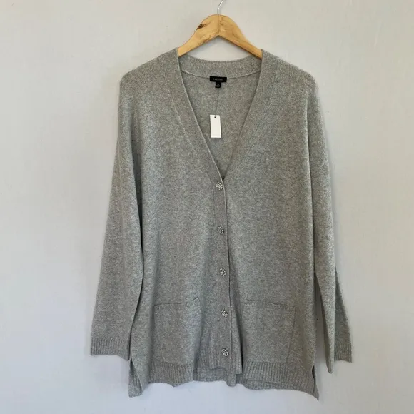 TALBOTS Size XL Gray Sparkle Long Cardigan Rhinestone Buttons Pockets NEW