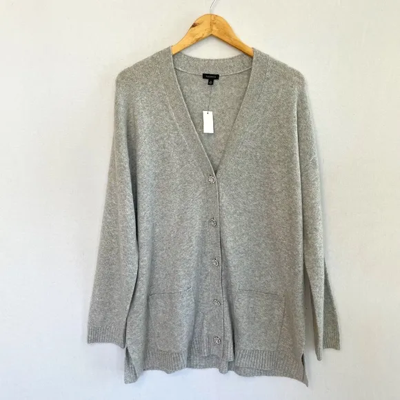 TALBOTS Size XL Gray Sparkle Long Cardigan Rhinestone Buttons Pockets NEW