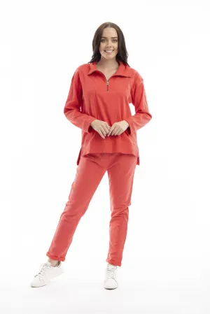 Terry Zip Collar Knit Top in Deep Coral