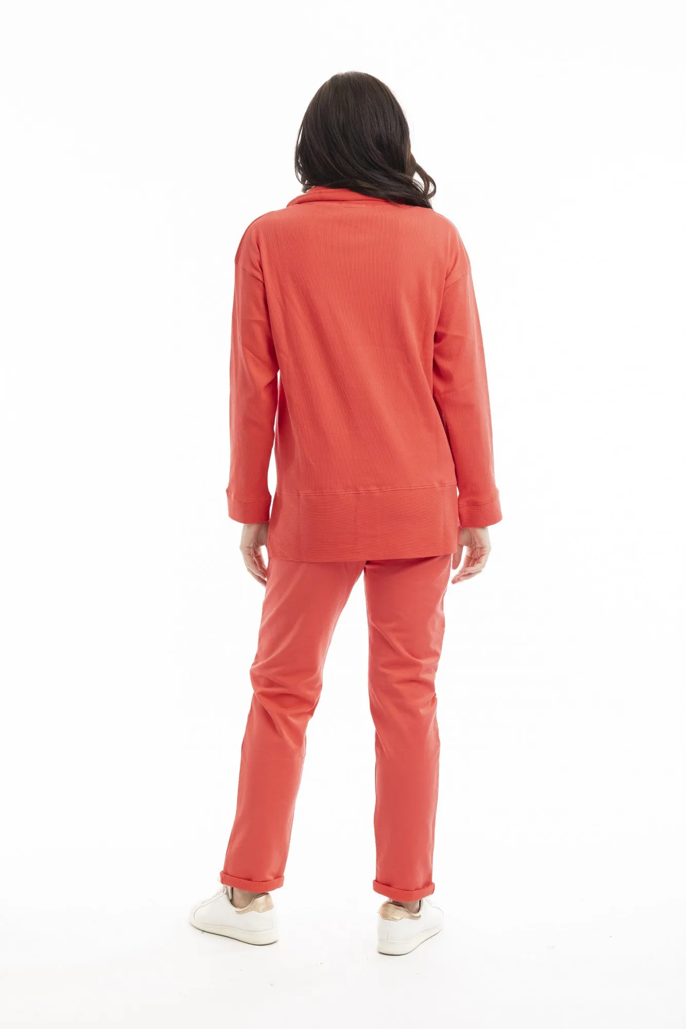 Terry Zip Collar Knit Top in Deep Coral