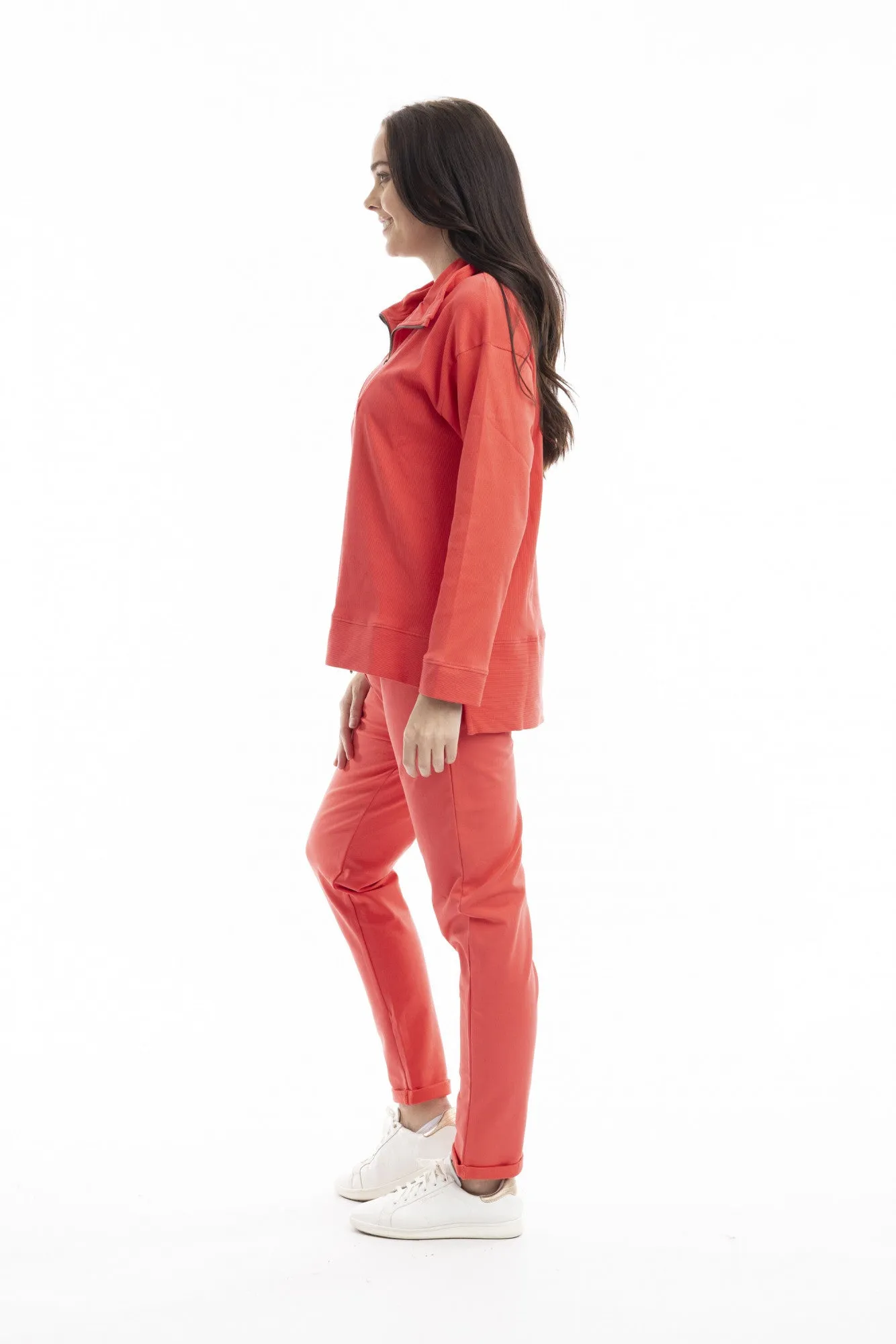 Terry Zip Collar Knit Top in Deep Coral
