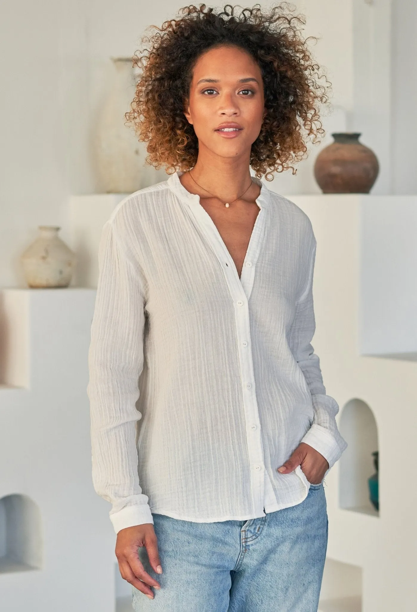 The Perfect Button Front Cotton Top in White - Sale