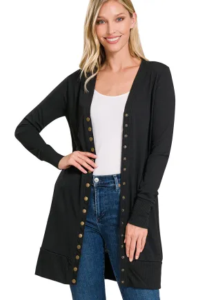Thigh-Length Snap Button Cardigan with Ribbed Detail | FINAL SALE