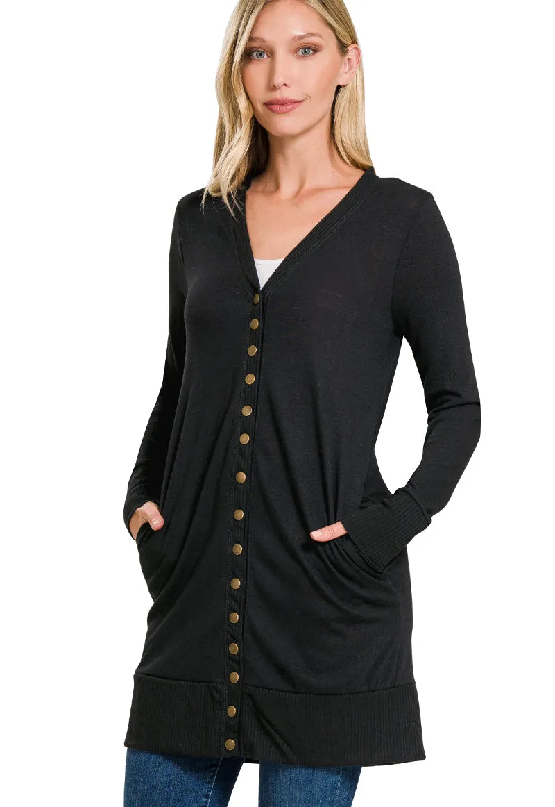 Thigh-Length Snap Button Cardigan with Ribbed Detail | FINAL SALE