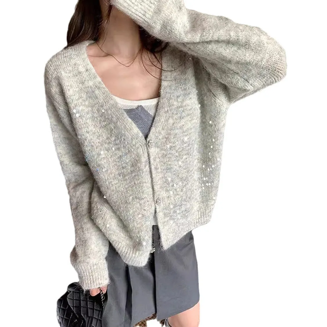 Trendy V-neck Sequin Cardigan for Women