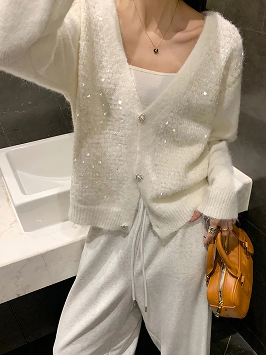 Trendy V-neck Sequin Cardigan for Women