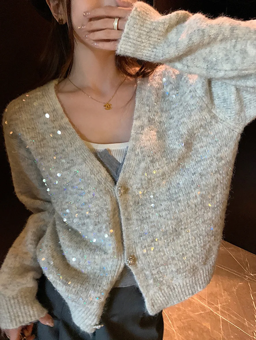 Trendy V-neck Sequin Cardigan for Women