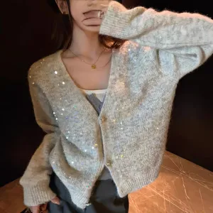 Trendy V-neck Sequin Cardigan for Women