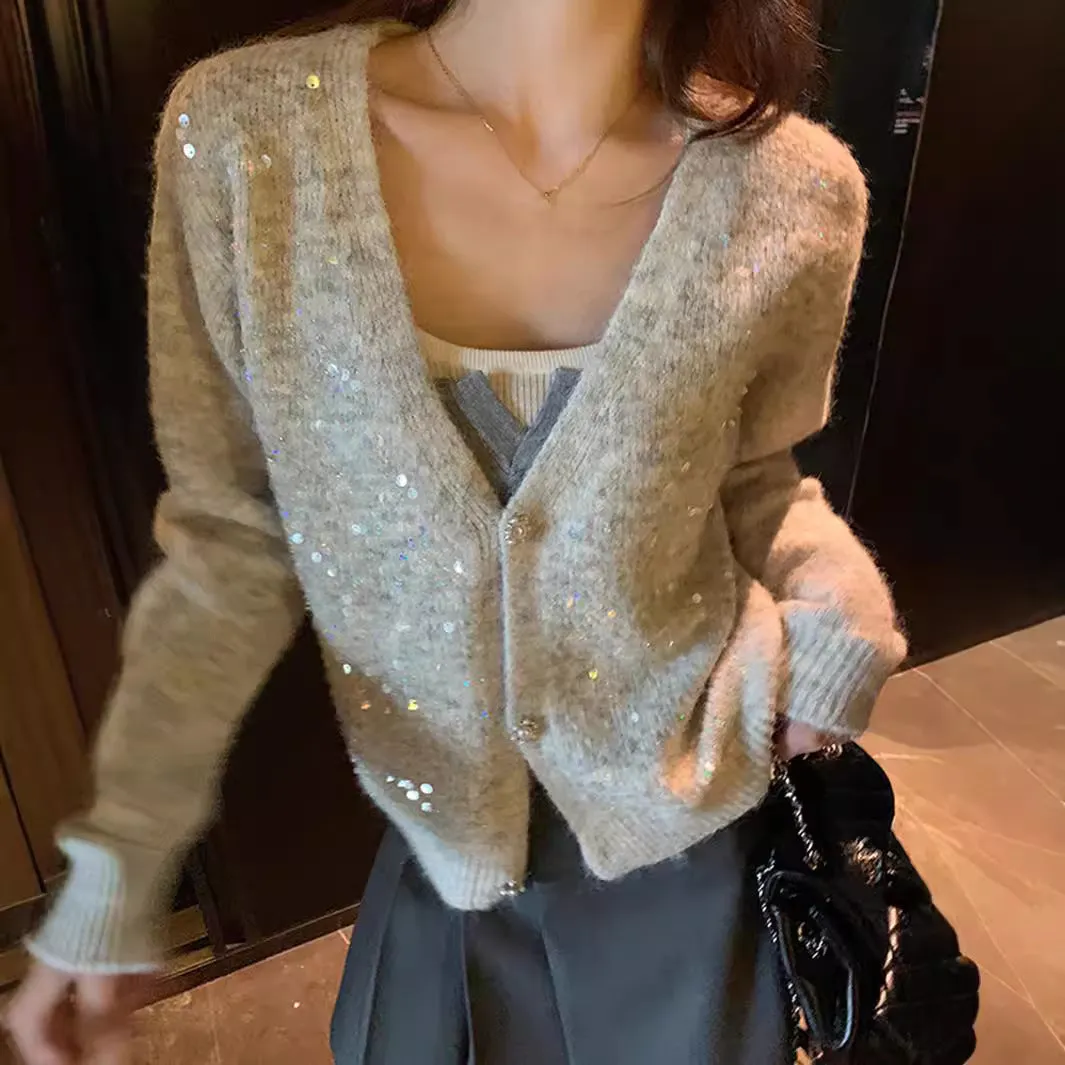 Trendy V-neck Sequin Cardigan for Women