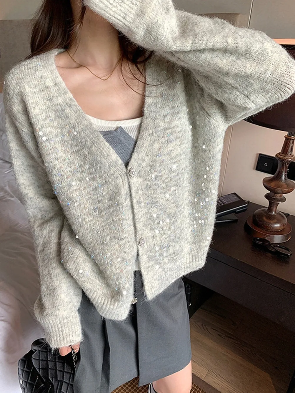 Trendy V-neck Sequin Cardigan for Women