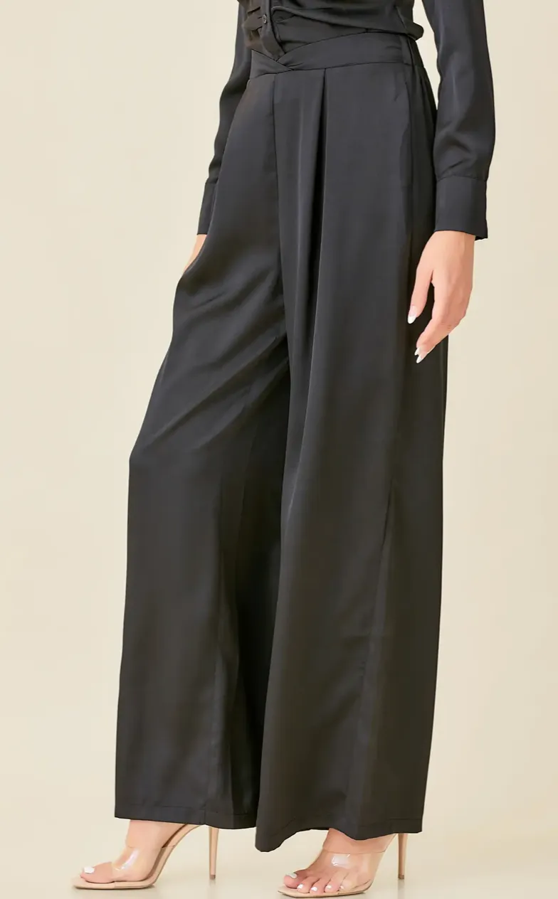 Tuck Satin Wide Leg Pants