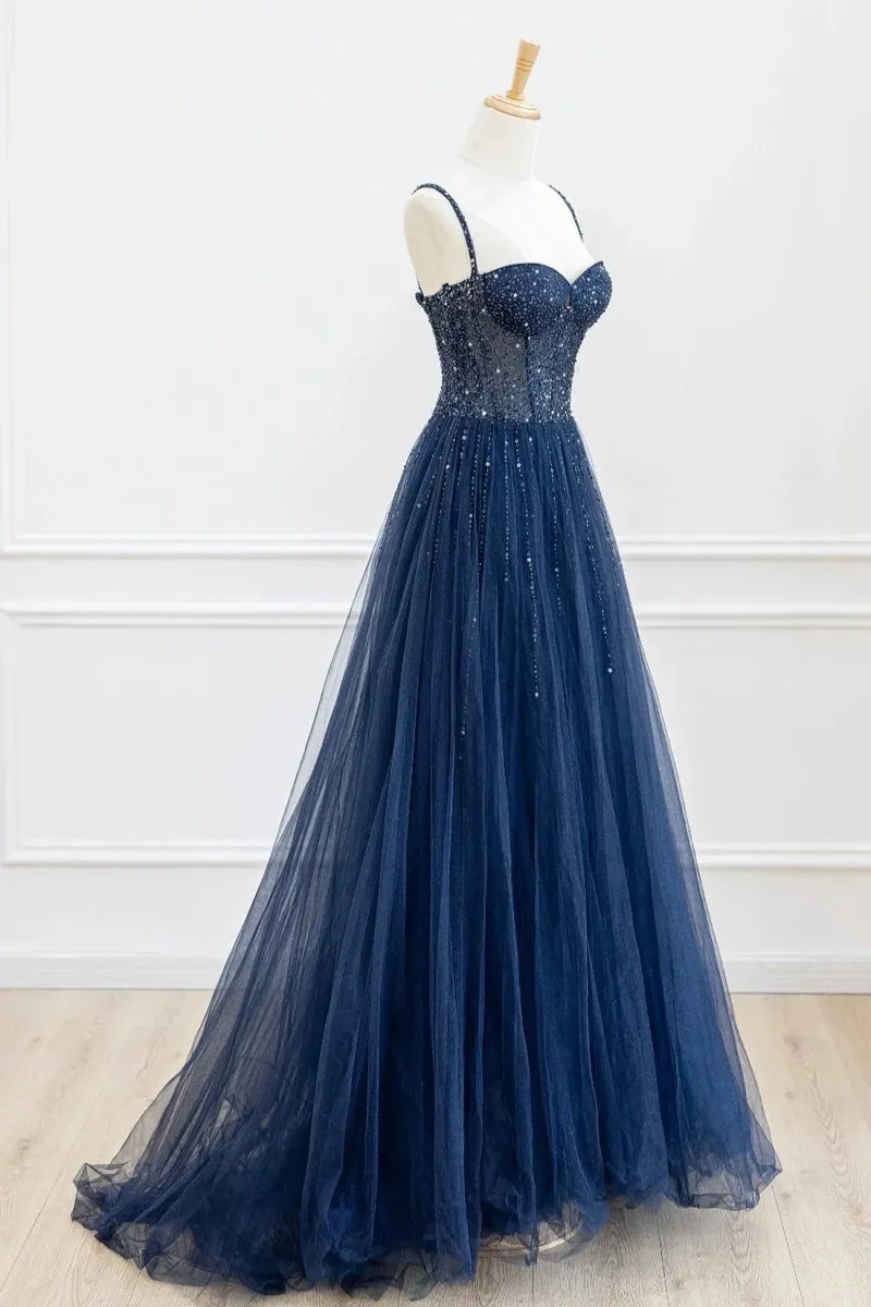 Tulle Beaded Long Prom Dresses Formal Dresses