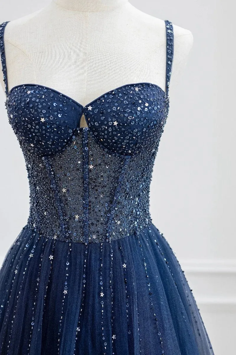 Tulle Beaded Long Prom Dresses Formal Dresses
