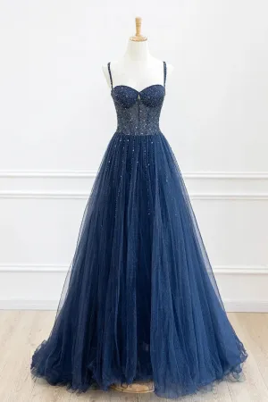 Tulle Beaded Long Prom Dresses Formal Dresses
