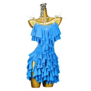Turquise Ruffles Fringe Latin Dance Dresses for Women Girls Salsa Rumba Chacha Latin Performs Costumes