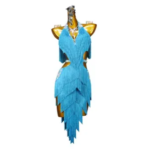 Turquoise Fringe Latin Dance Dresses for Women Girls Salsa Rumba Latin Ballroom Performance Outfits