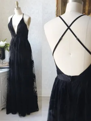 V Neck Backless Black Lace Long Prom, Backless Black Formal, Black Lace Evening