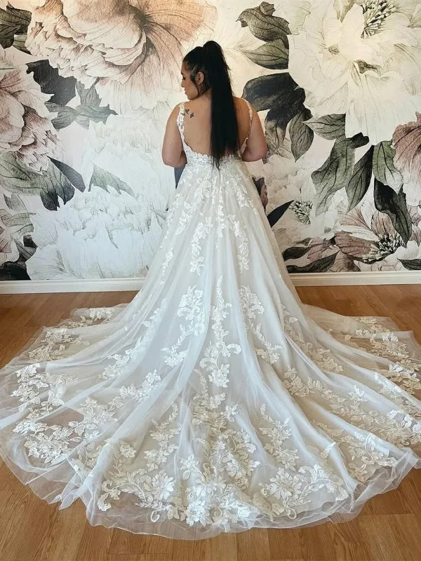 V Neck Backless White Lace Long Prom Dresses, White Lace Wedding Dresses, White Formal Evening Dresses