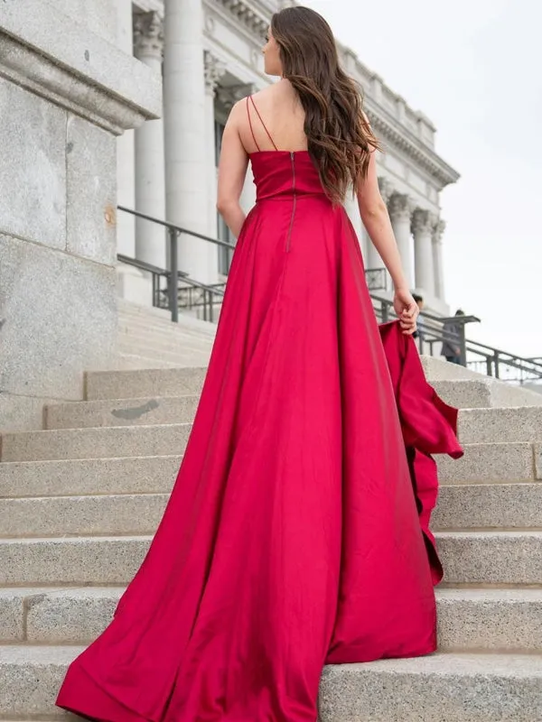 V Neck Burgundy Satin Long Prom Dresses with Side Slit, V Neck Burgundy Formal Graduation Evening Dresses