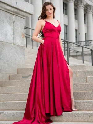 V Neck Burgundy Satin Long Prom Dresses with Side Slit, V Neck Burgundy Formal Graduation Evening Dresses