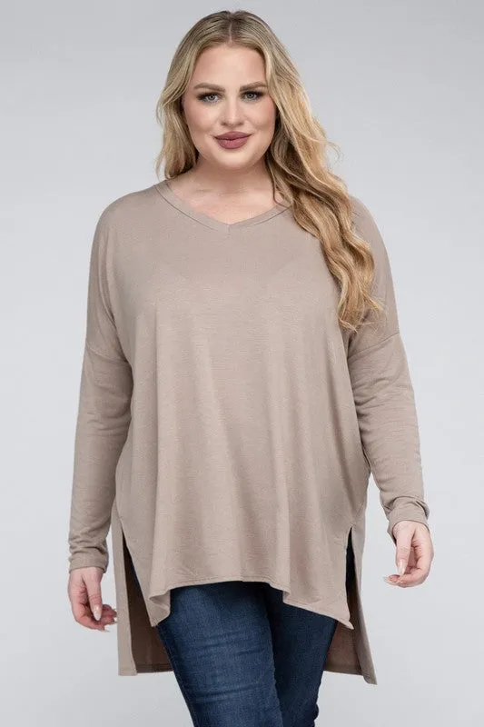 V-Neck Side Slit Hi-Low Hem Top, Various Colors, Zenana (Plus Only)
