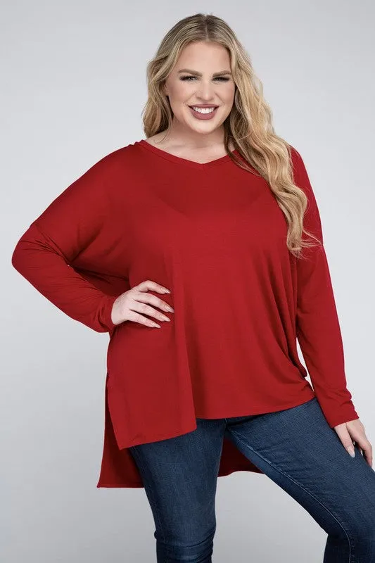 V-Neck Side Slit Hi-Low Hem Top, Various Colors, Zenana (Plus Only)