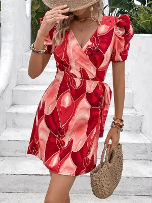 V-Neck Wrap Mini Dress with Puff Sleeves and Abstract Print