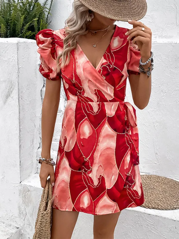 V-Neck Wrap Mini Dress with Puff Sleeves and Abstract Print