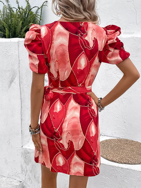 V-Neck Wrap Mini Dress with Puff Sleeves and Abstract Print