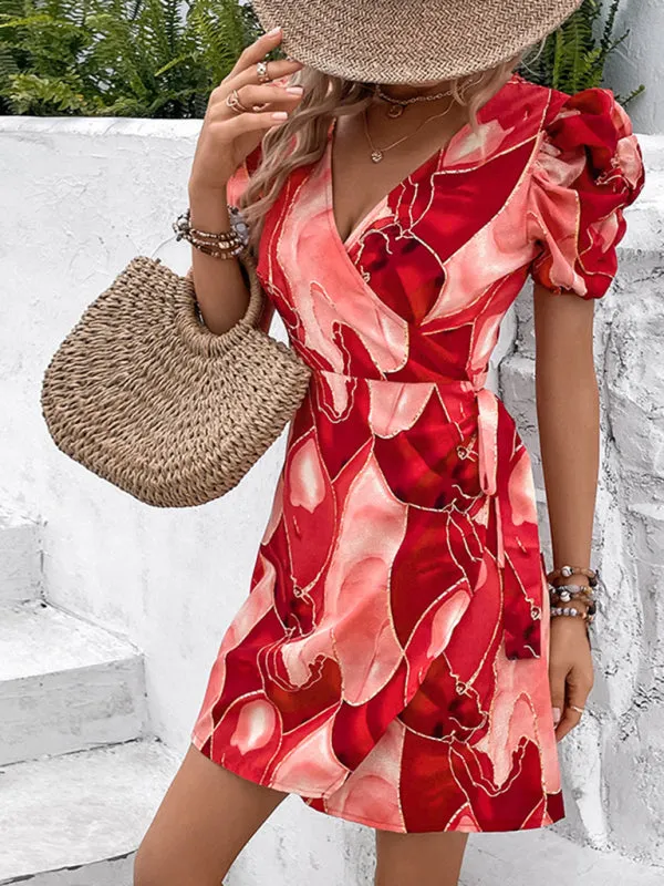 V-Neck Wrap Mini Dress with Puff Sleeves and Abstract Print