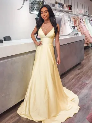 V Neck Yellow Satin Long Prom, Long Yellow Formal Graduation Evening