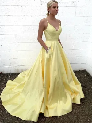 V Neck Yellow Satin Long Prom with Pockets, Thin Strap Yellow Formal, Yellow Evening