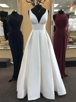 White A Line V Neck Satin Long Prom, V Neck White Evening, White Formal