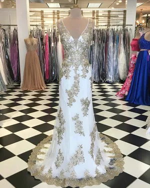 White Mermaid Prom Dresses with Gold Lace Deep V-Neckline 2018 Prom Party Gowns Court Train