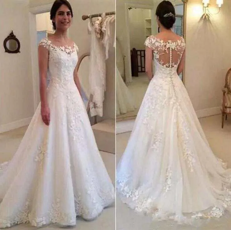 White Vintage Lace Appliques Wedding Dresses Sheer Back Cap Sleeves
