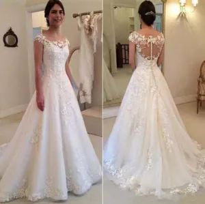 White Vintage Lace Appliques Wedding Dresses Sheer Back Cap Sleeves