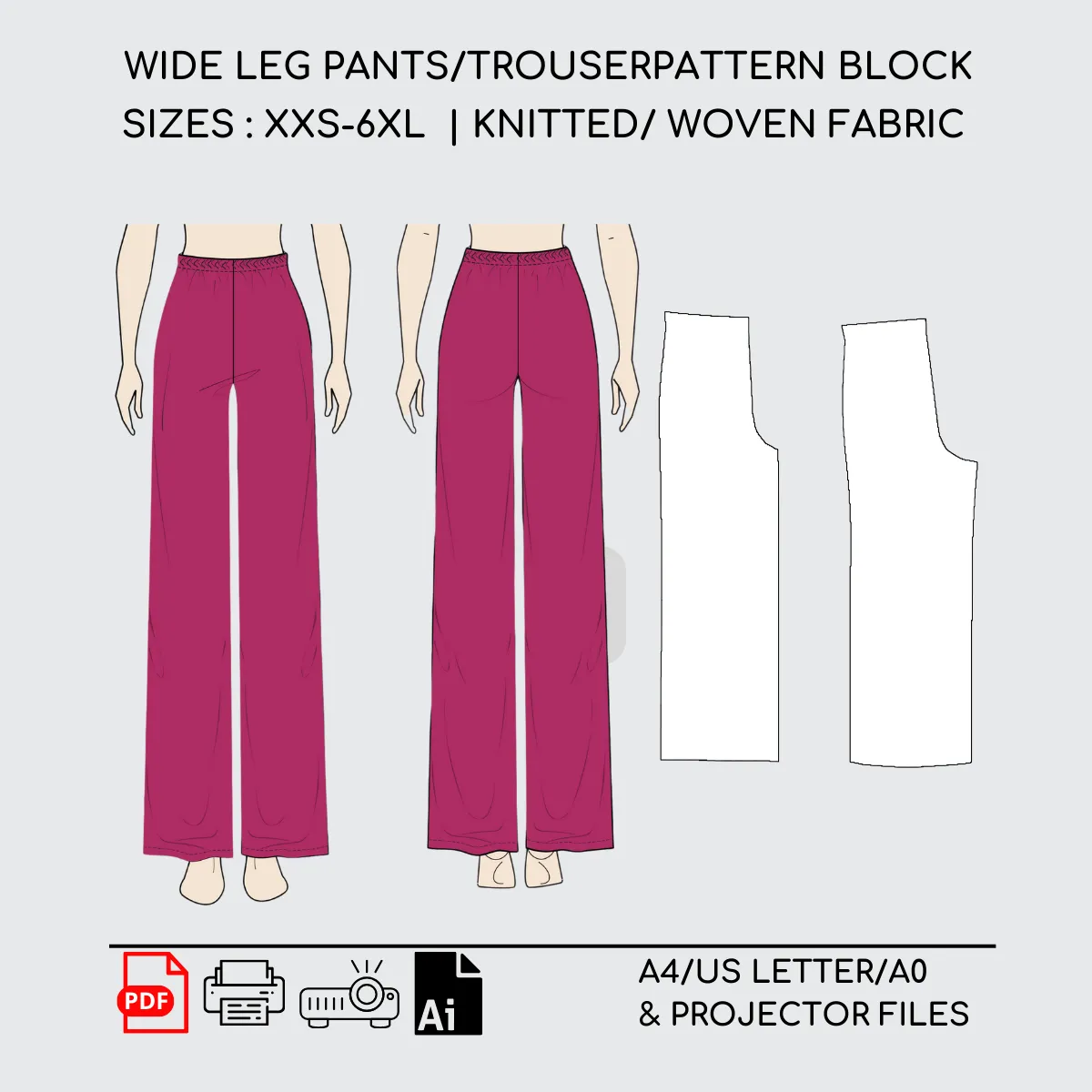 Wide Leg Pants -Custom Fit - Knitted Sewing Pattern Block